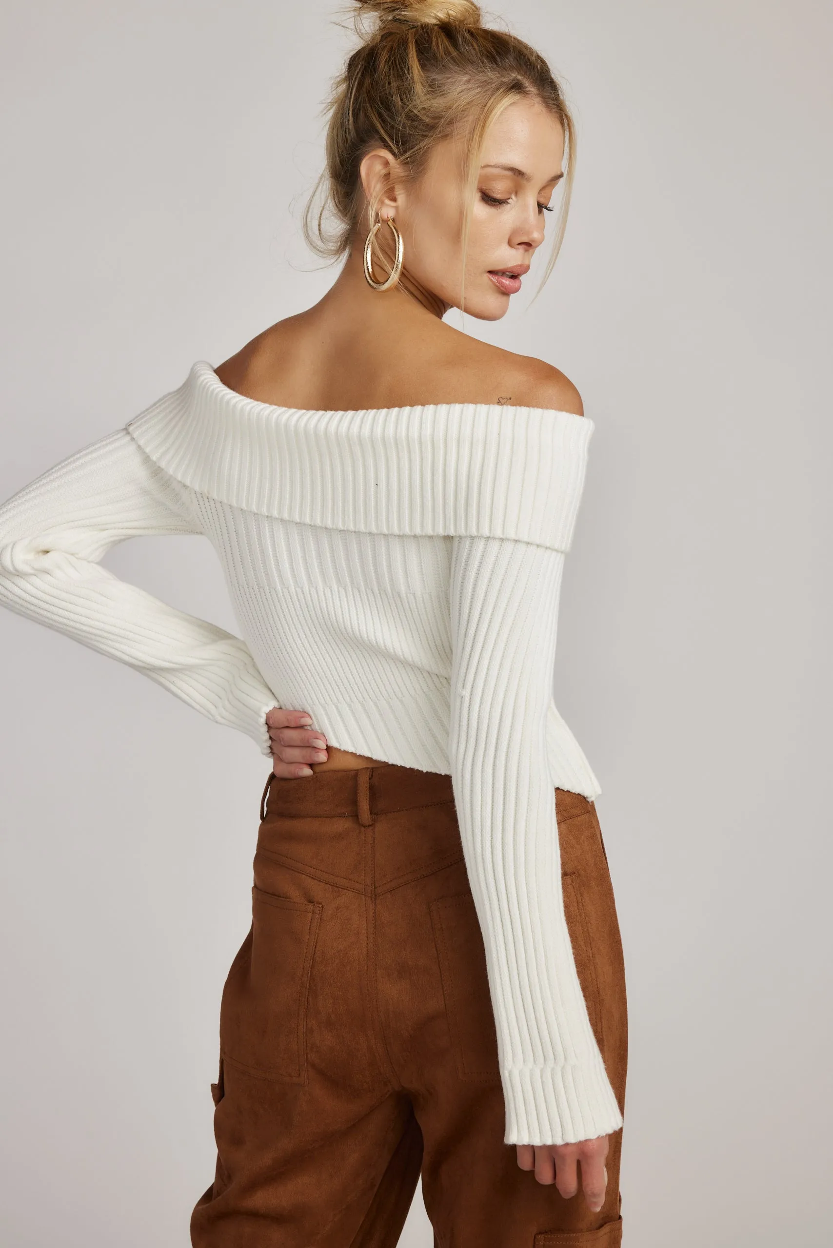 Ria White Off the Shoulder Asymmetrical Sweater