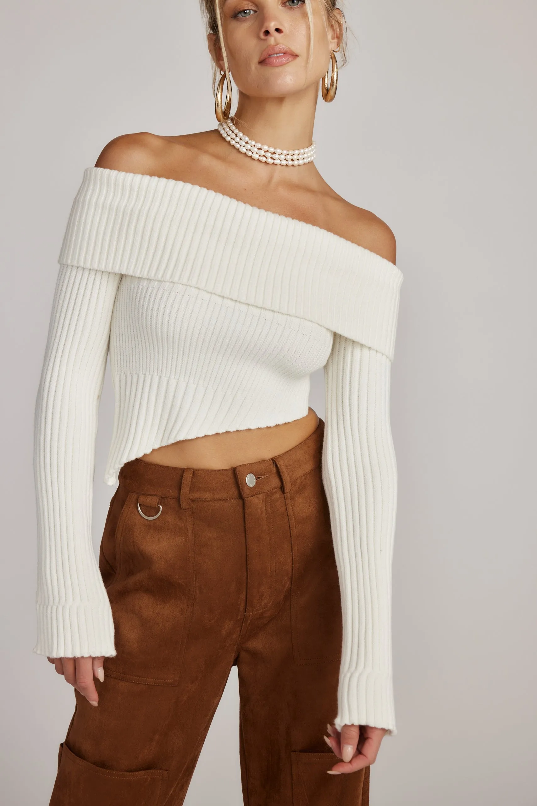 Ria White Off the Shoulder Asymmetrical Sweater