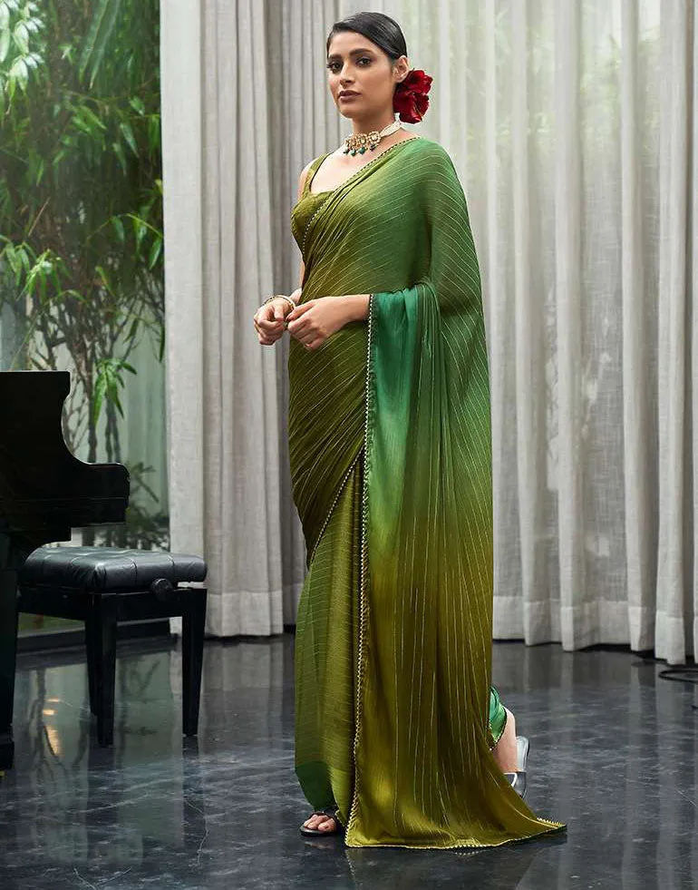 Satin Chiffon Designer Green Saree with Lace Border for Women