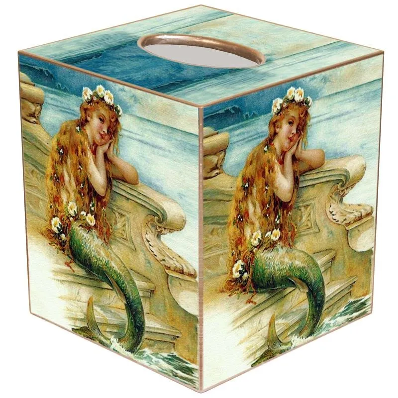 Sea Flower Mermaid Decoupage Wood Tissue Box