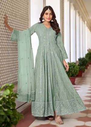 Slit Style Green Embroidered Wedding Festive Anarkali Suit