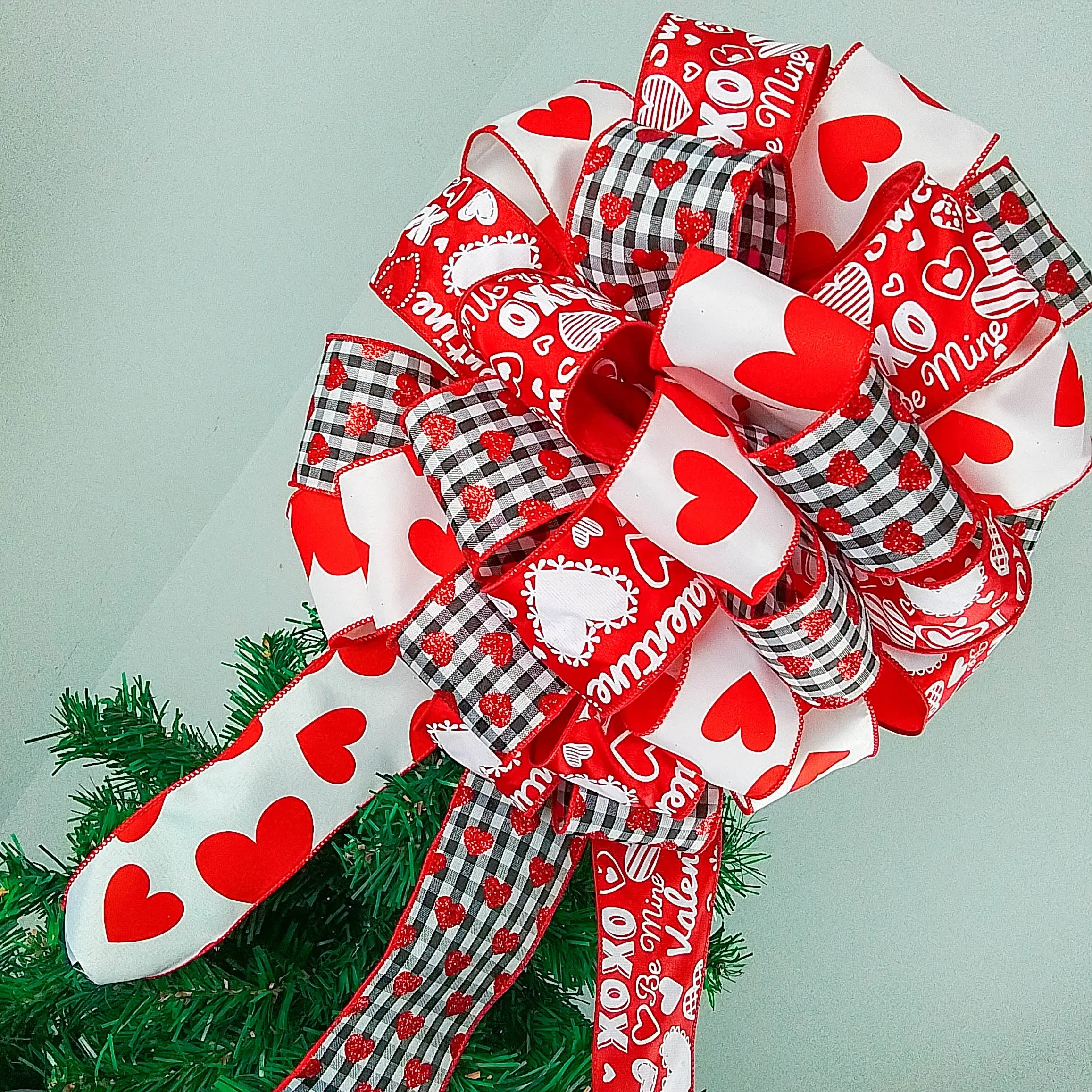 Valentines Tree Bow, Wired Ribbon Decoration, Red and White Heart Pattern